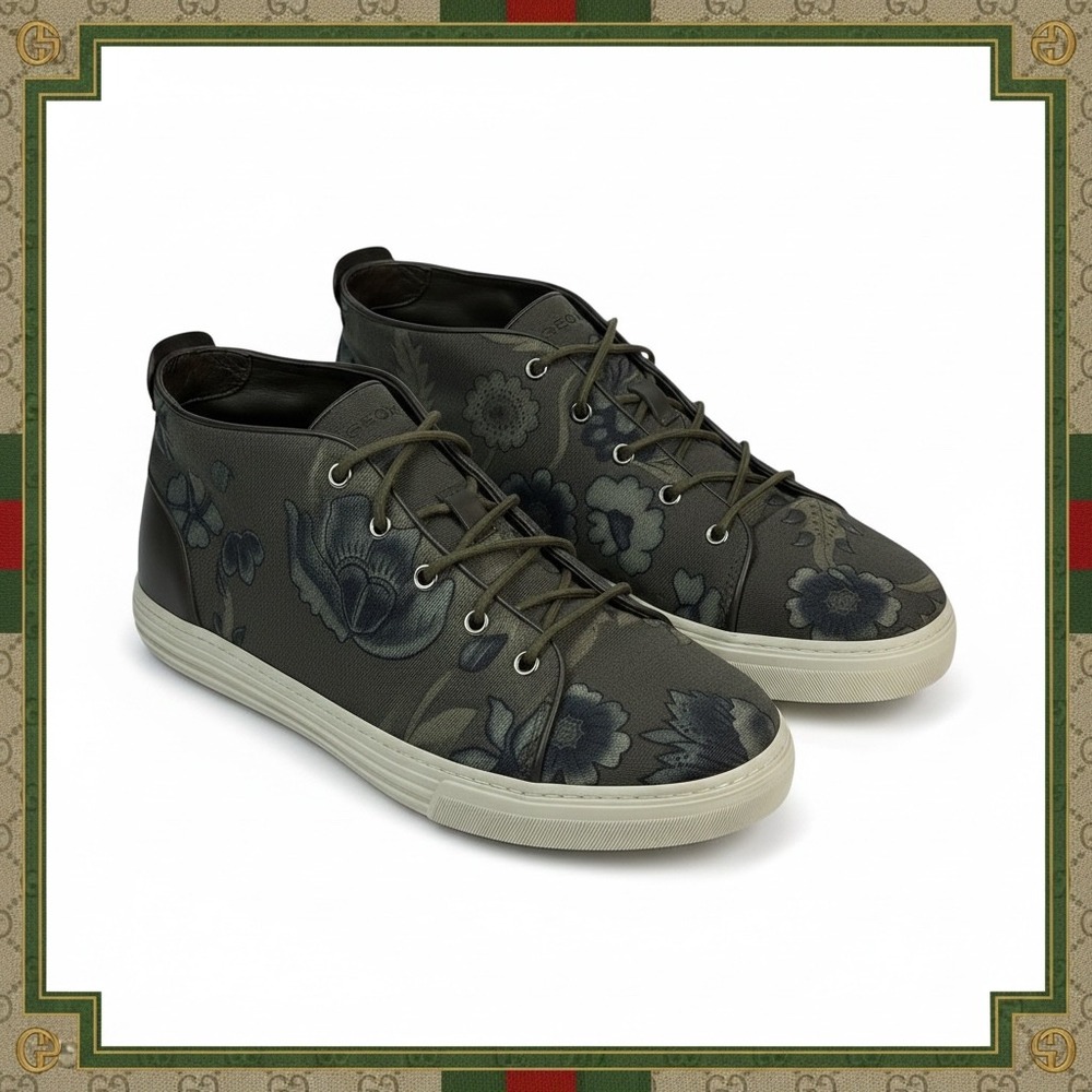 Gucci Mens 342048 Floral Canvas High Top Sneakers Olive Green Size 9.5 G Italy